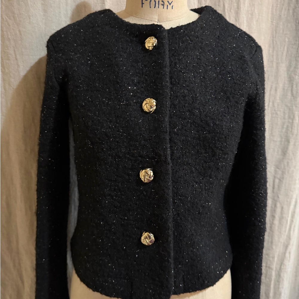 Aqua Cropped Black Tweed Jacket – Gold Buttons – Metallic Sparkle – Size Small